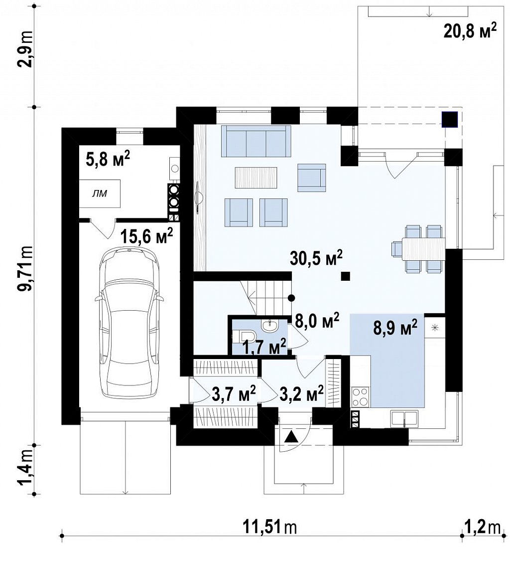 Двухэтажный дом, сочетающий традиционные формы и современный дизайн, с тремя спальнями и гаражом. план помещений 1