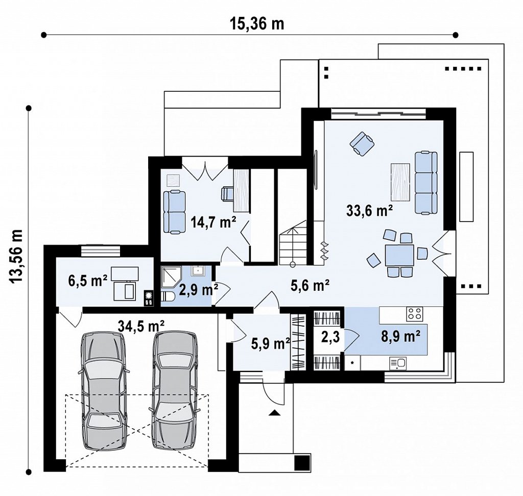 Двухэтажный дом с многоскатной крышей, гараж на 2 машины, большая гостиная план помещений 1
