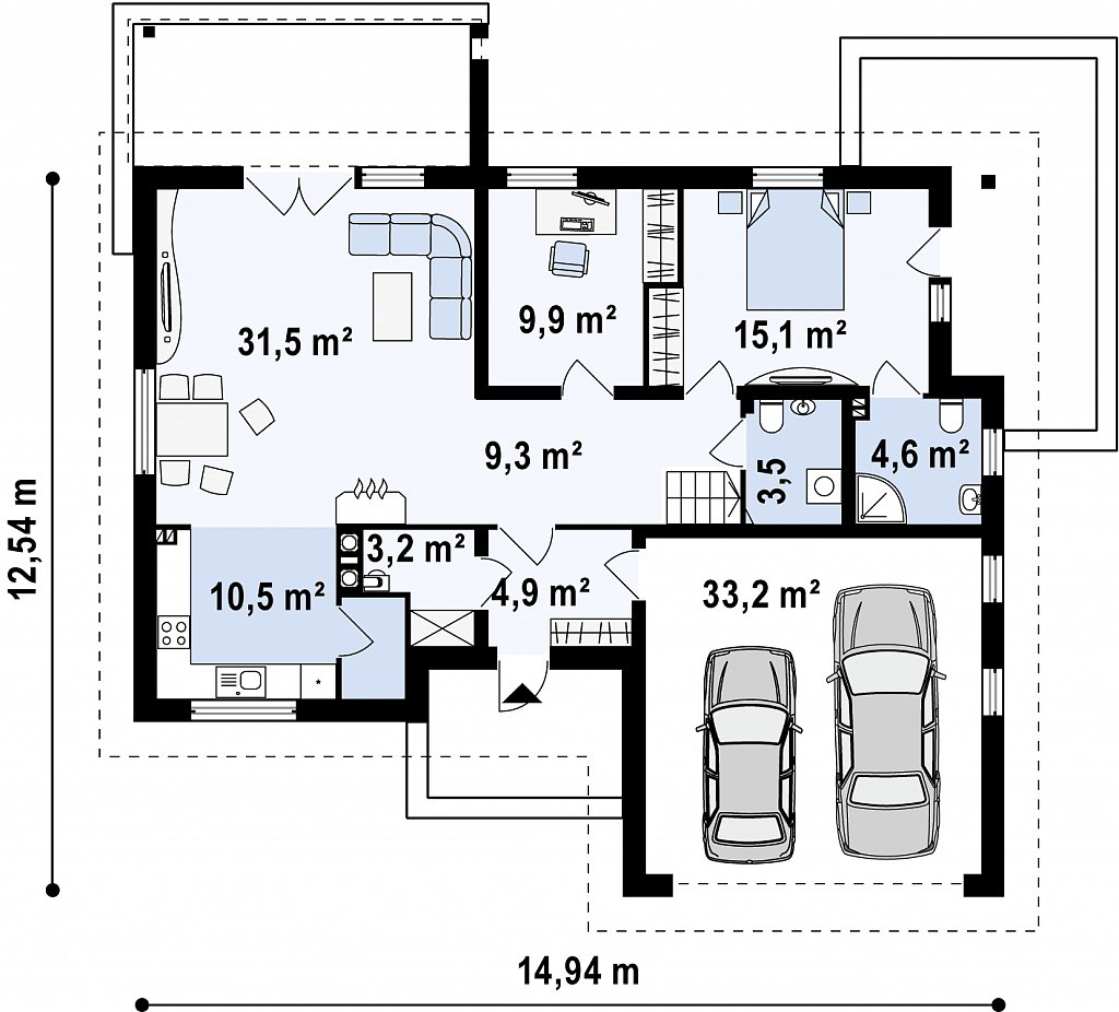 Просторный дом традиционной формы с гаражом и дополнительной небольшой ночной зоной на первом этаже. план помещений 1