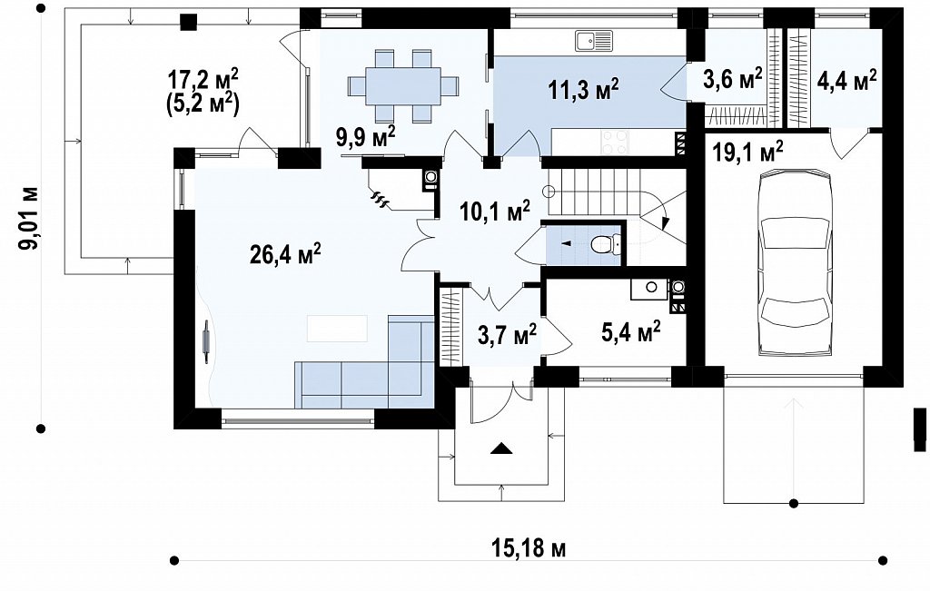 Двухэтажный современный дом с многоскатной низкой крышей, с гостиной с фронтальной стороны. план помещений 1