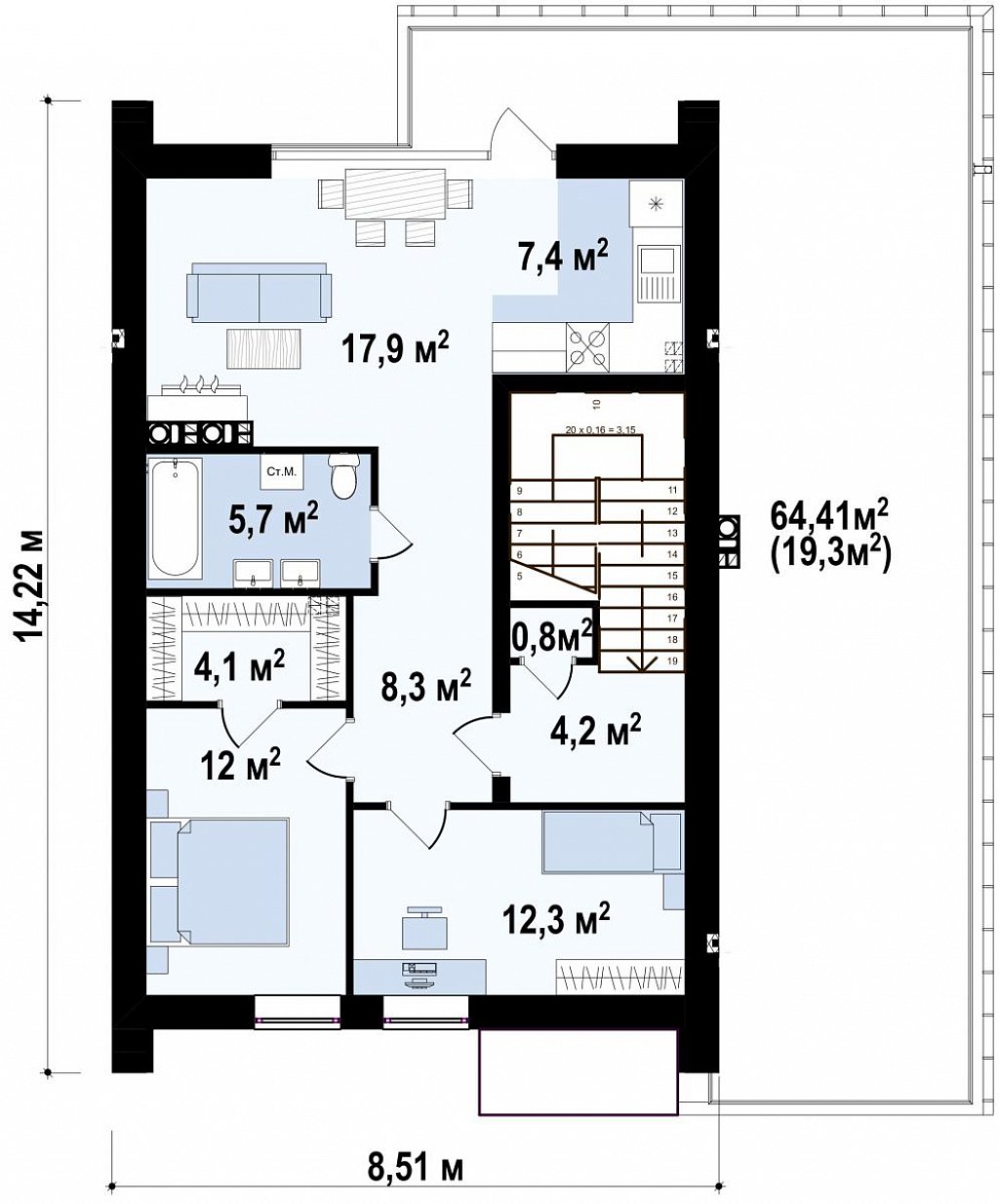 Современный дом с двускатной крышей и гаражом для одного пользователя план помещений 2