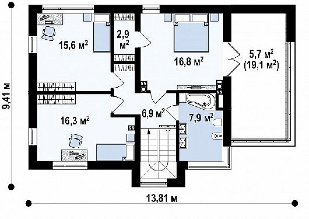 Вариант Zx59 двухэтажный дом в модернистского дизайна с гаражом и террасой на верхнем этаже, с плитами перекрытия план помещений 2