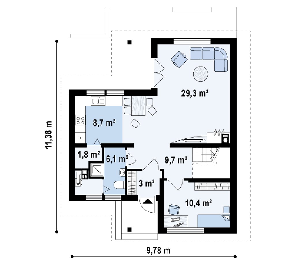 Дом для узкого участка с дополнительной спальней на первом этаже и кухней со стороны сада. план помещений 1