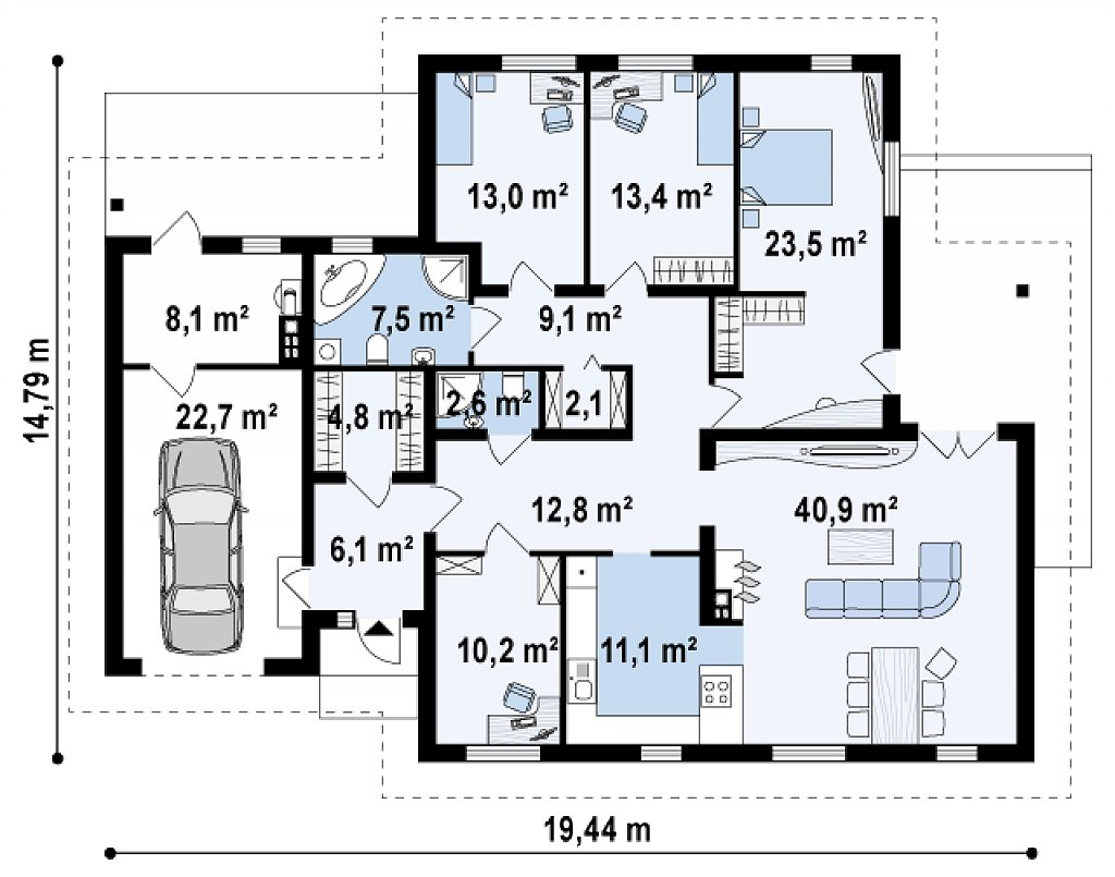 Проект комфортного одноэтажного дома с гаражом, с многоскатной крышей. план помещений 1