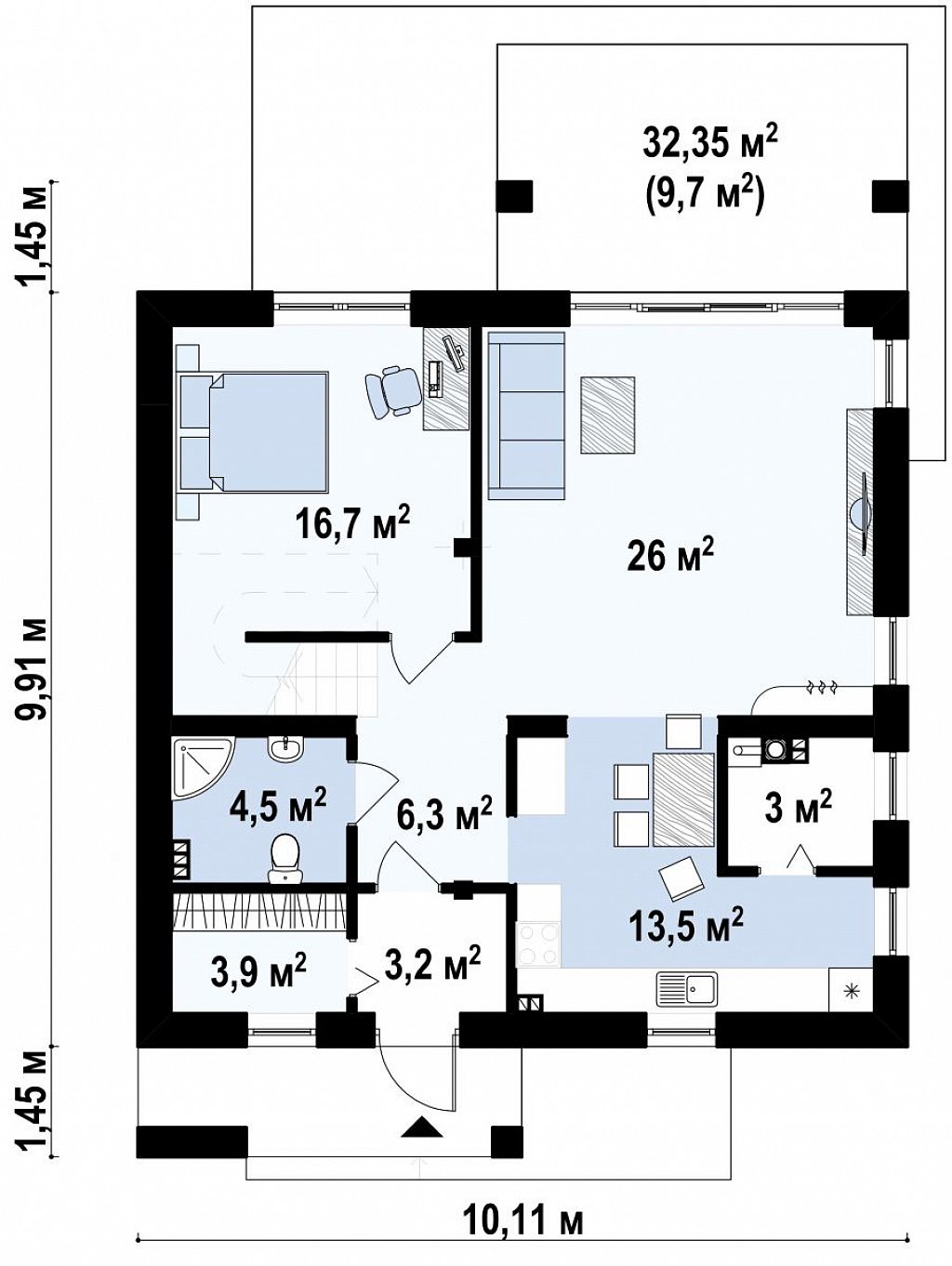 Дом средних размеров классической формы с двускатной кровлей. план помещений 1