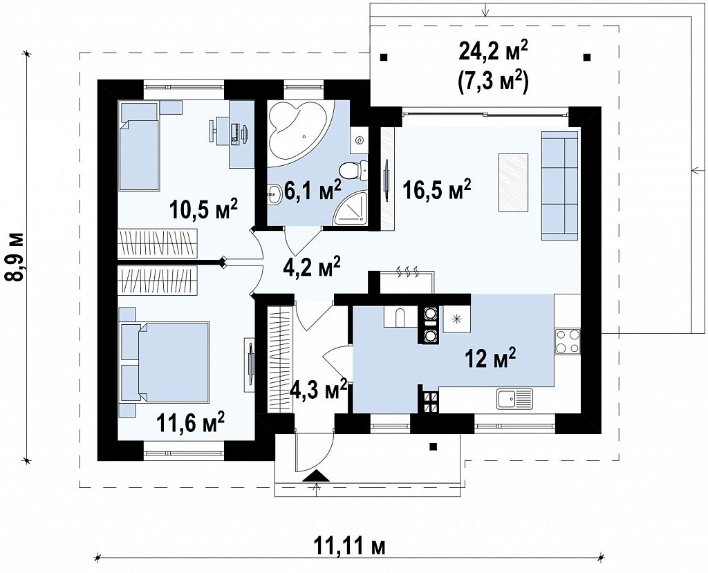 Простой и недорогой в строительстве одноэтажный дом небольшой площади. план помещений 1
