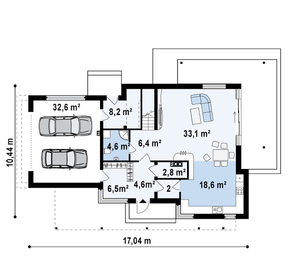 Двухэтажный дома в стиле модерн с практичным интерьером и гаражом для двух автомобилей. план помещений 1
