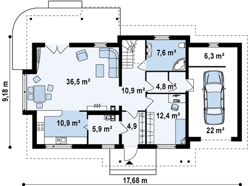 Проект просторного функционального дома с мансардой, гаражом для одной машины и дополнительной спальней на первом этаже. план помещений 1