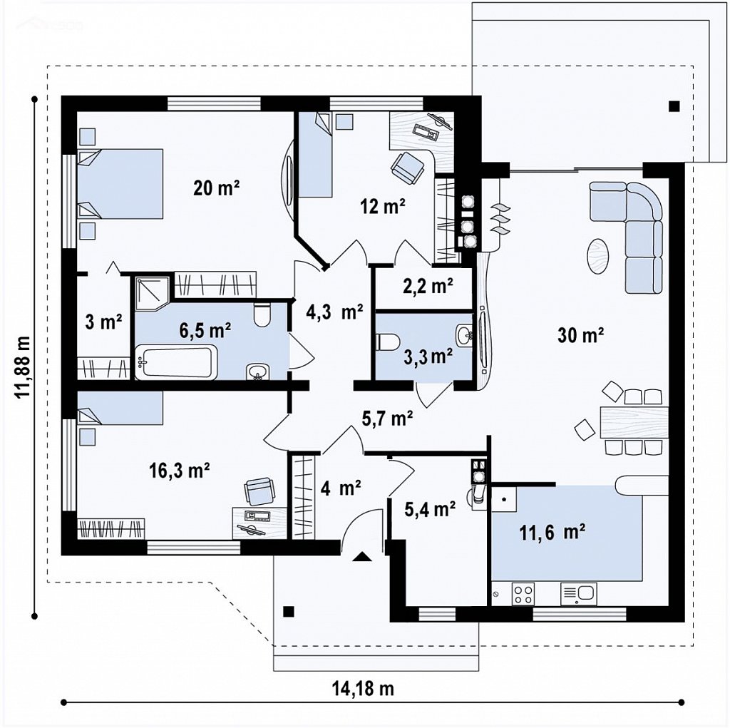 Версия увеличеного одноэтажного дома Z41 план помещений 1
