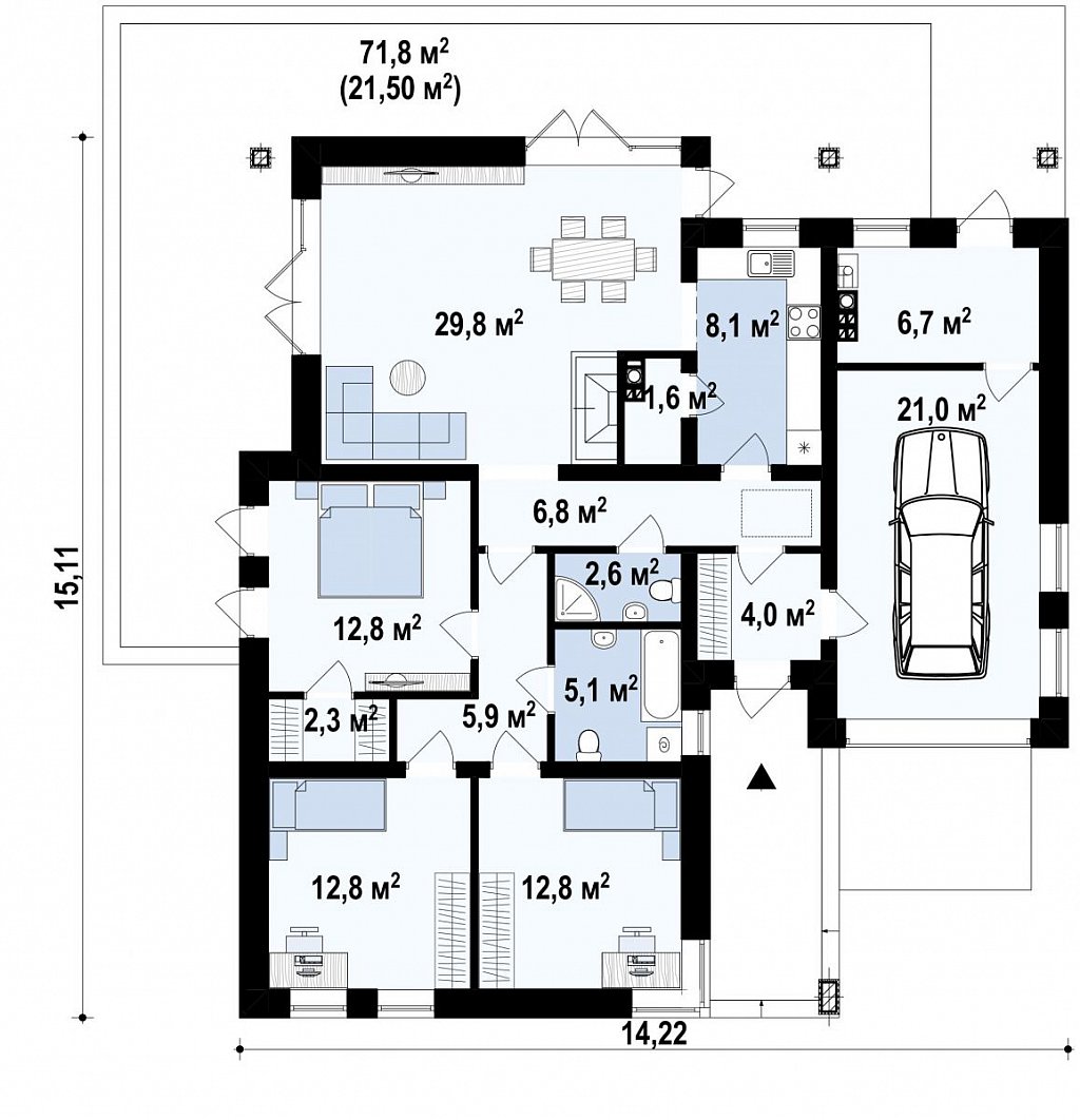 Вариант проекта одноэтажного дома Z204 с гаражом для одной машины. план помещений 1