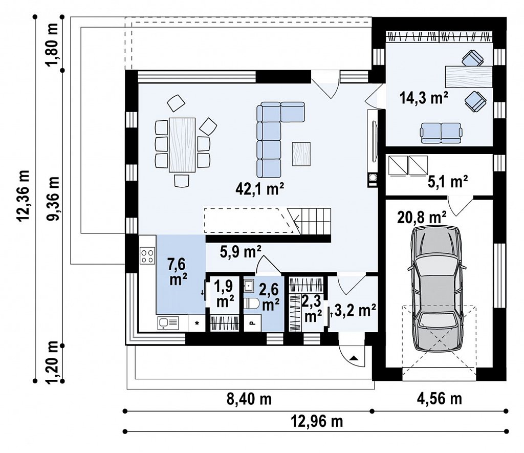 Современная версия двухэтажного дома с гаражом и кабинетом на первом этаже план помещений 1