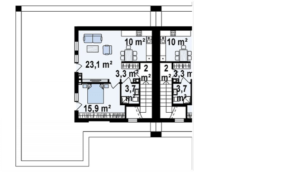 Современный проект домов-близнецов с большим гаражом и террасой на втором этаже. план помещений 2