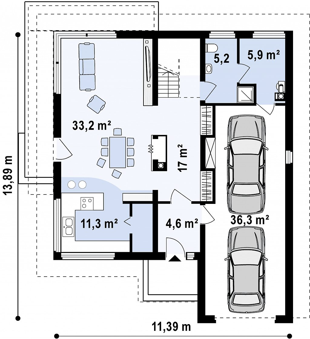 Просторный двухэтажный дом с удлиненным гаражом для двух автомобилей. план помещений 1