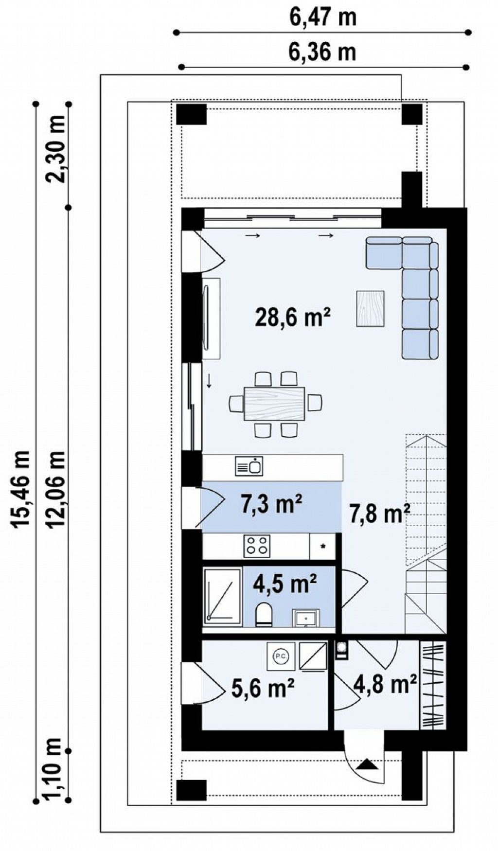 Современный дом для узкого участка план помещений 1