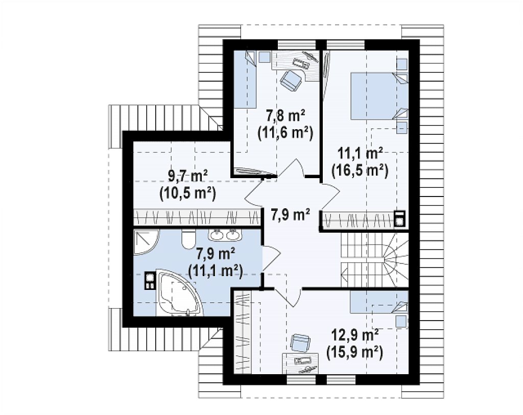 Дом для узкого участка с дополнительной спальней на первом этаже и кухней со стороны сада. план помещений 2
