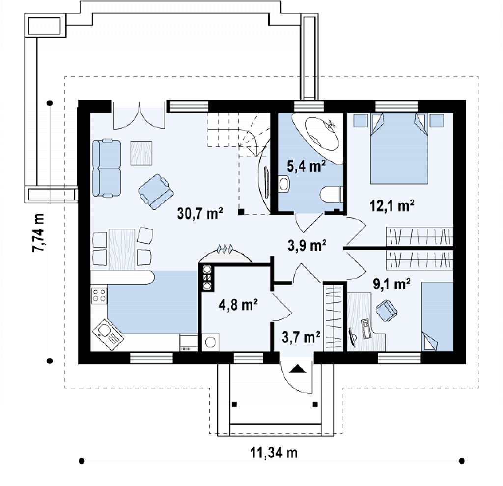Простой в реализации дом с двускатной крышей, с возможностью обустройства мансарды. план помещений 1