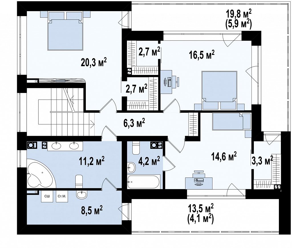 Современный дом для одной семьи простой формы план помещений 2