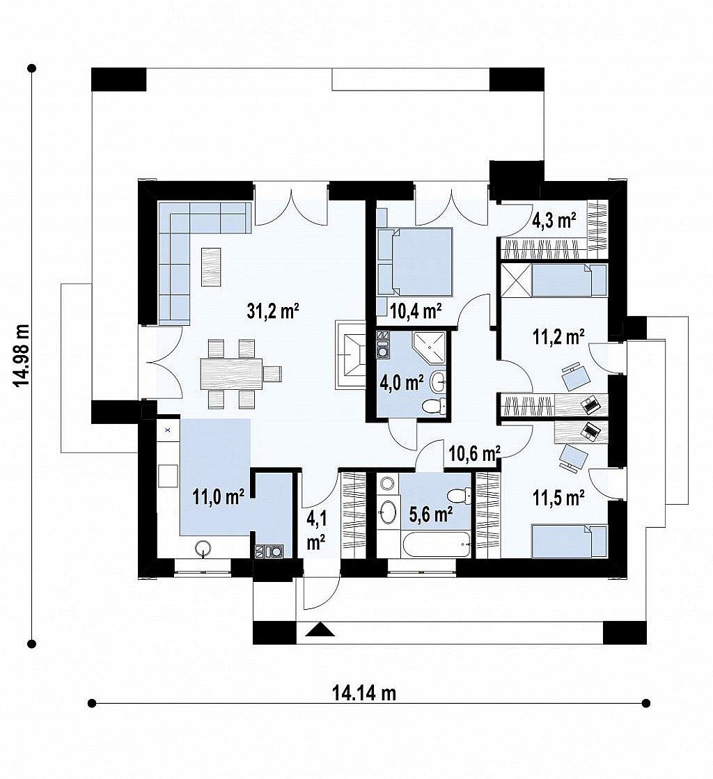 Компактный одноэтажный дом с двускатной крышей и 3 спальнями план помещений 1