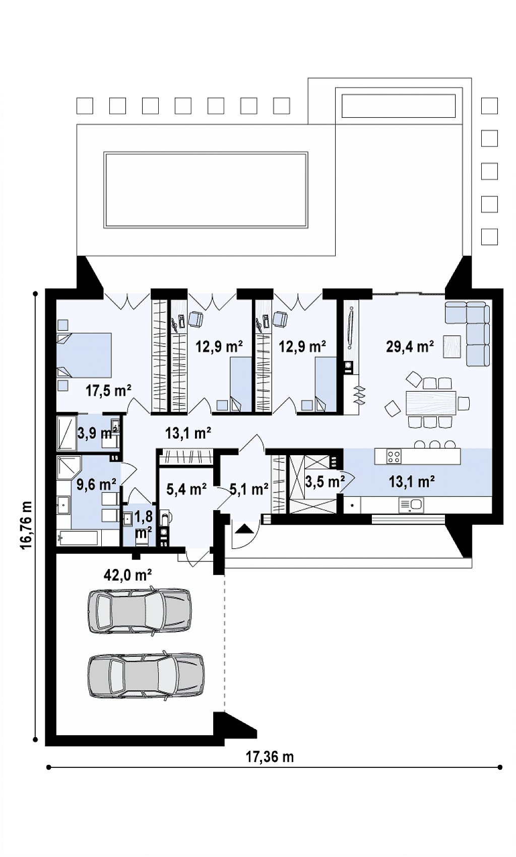 Современный плоскокровельный дом с компактной и удобной планировкой план помещений 1