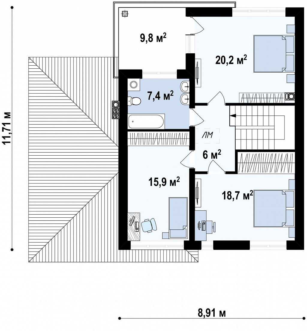 Вариант двухэтажного дома Zx24 c измененной планировкой план помещений 2
