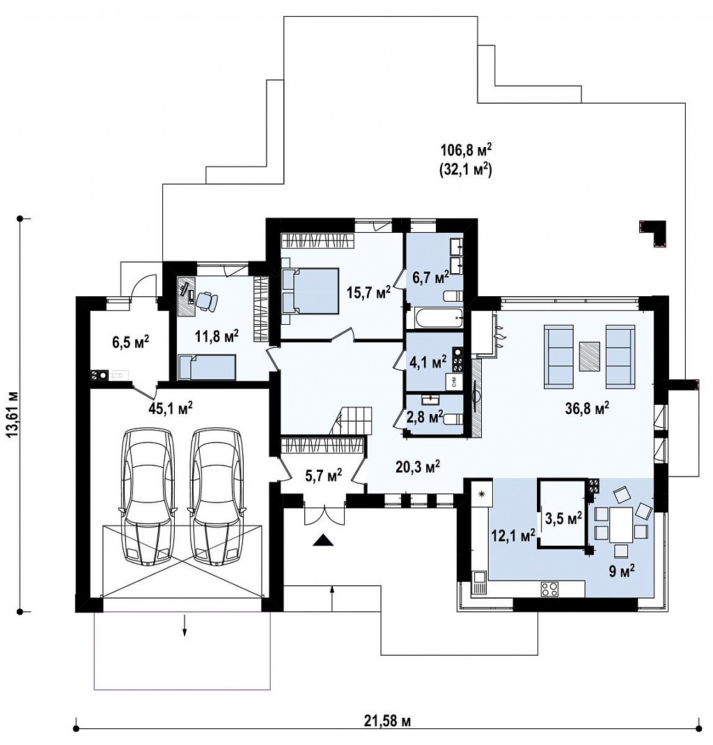 Двухэтажный дом с гаражом на два автомобиля и двумя спальнями на первом этаже план помещений 1