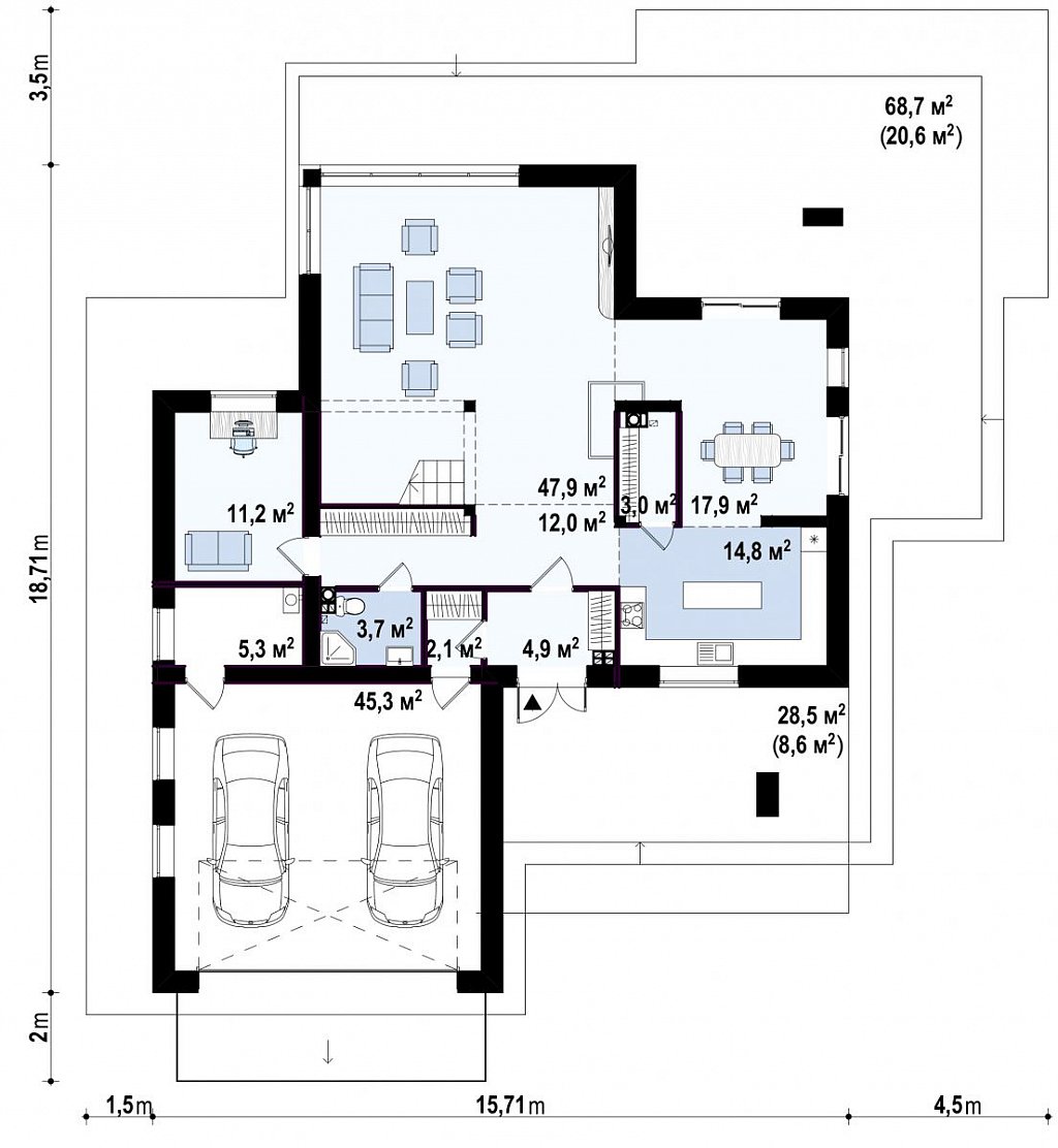 Современный двухэтажный дом с большой площадью остекления. план помещений 1