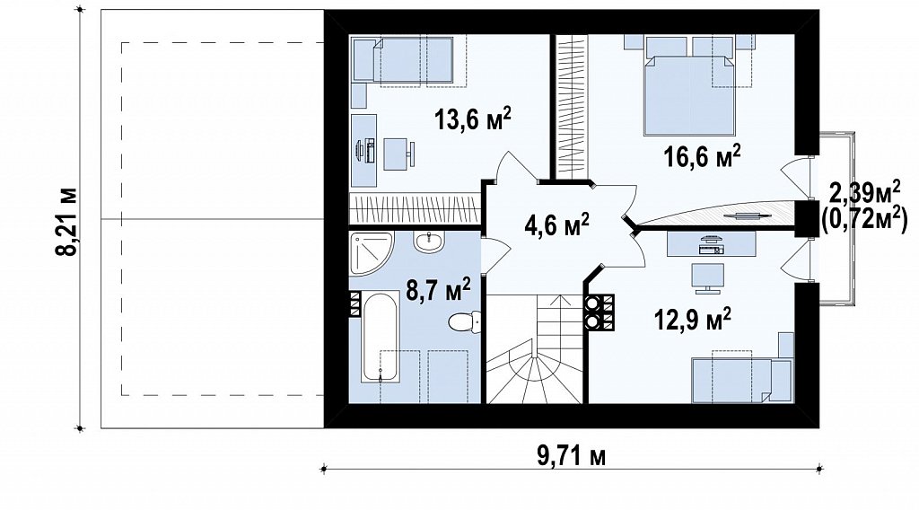 Мансардный домик с гаражом и тремя спальнями план помещений 2