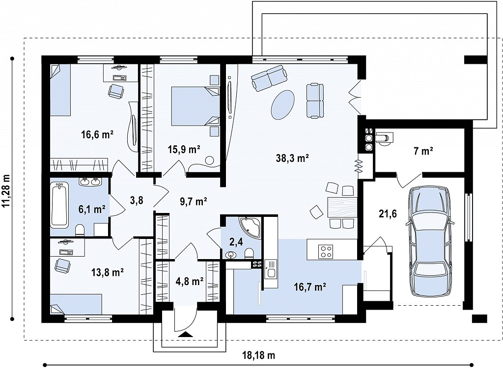 Одноэтажный дом традиционного характера с тремя удобными спальнями и встроенным гаражом. план помещений 1