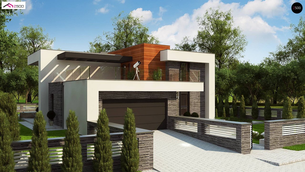 Проект двухэтажного дома в современном стиле с гаражом для двух машин и просторной террасой над ним. - фото 1