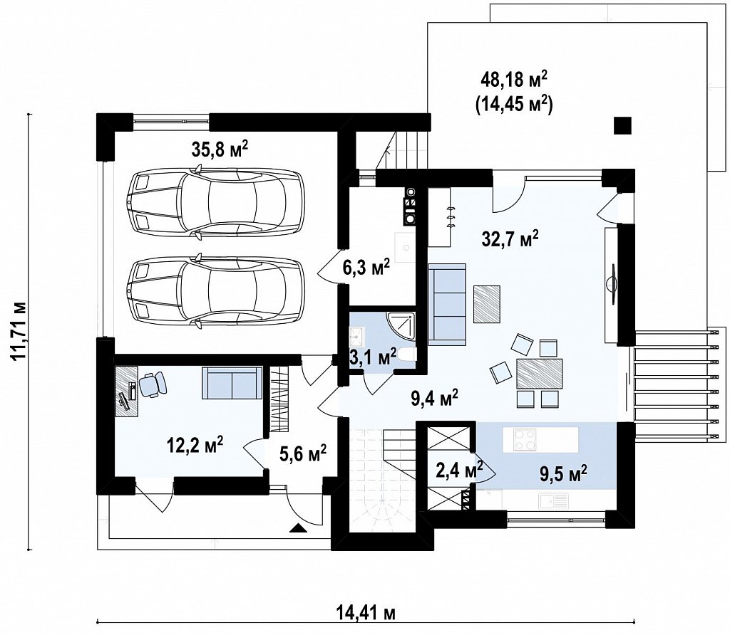 Комфортный современный дом с гаражом для двух авто и обширной террасой на втором этаже. план помещений 1