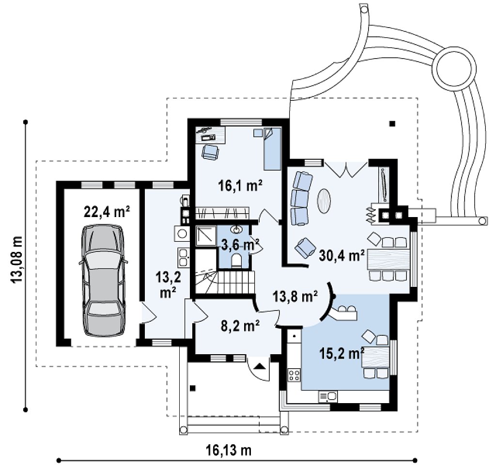 Просторный функциональный дом сложной формы. план помещений 1